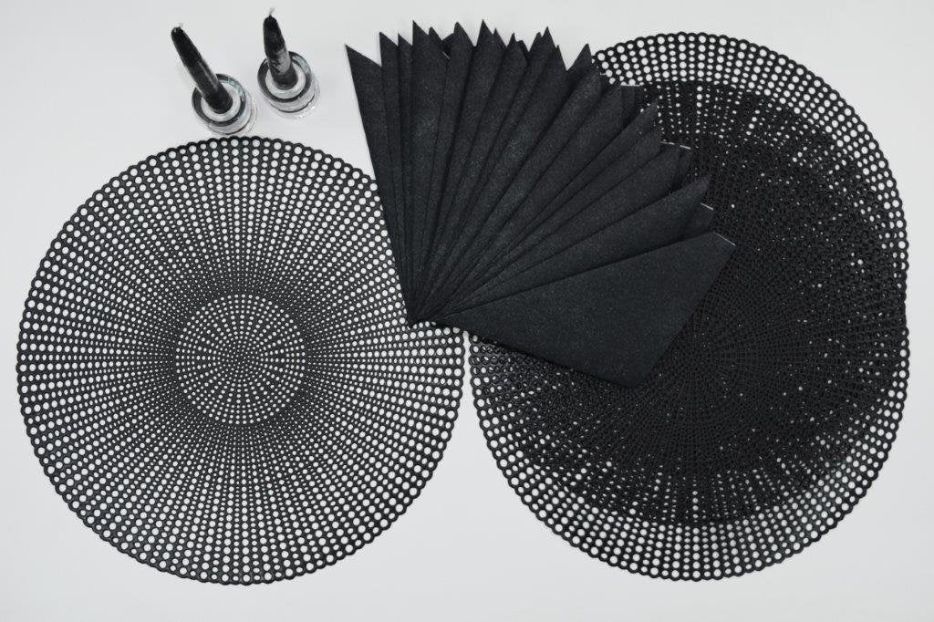 16" Round Placemats (Set of 4), 12 Prefolded 3 ply Napkins, 2 Matching Taper Candles, 2 Glass Candle Holders (Silver)