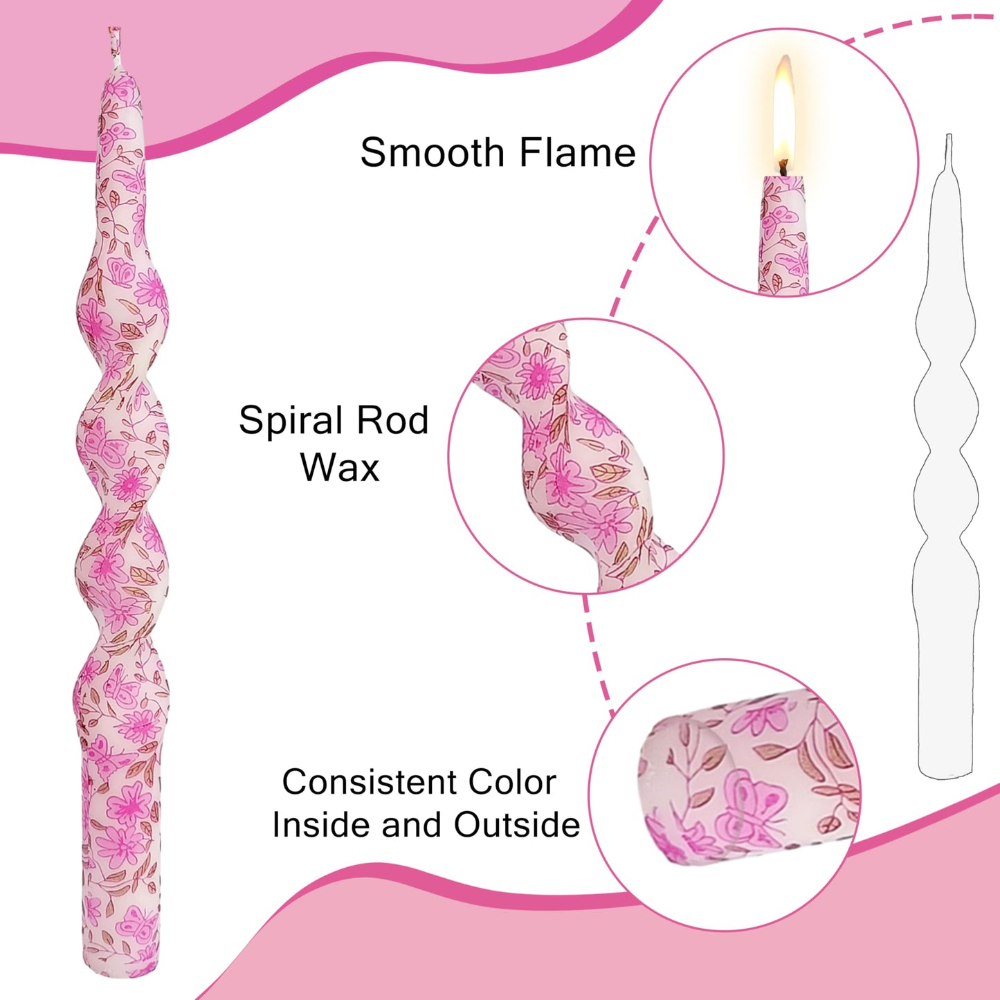 Candle Spiral Candles Pink Flowers Taper Candlesticks 10 in Pink Twisted 2 PCS Unscented Tapered Floral Candle for Home Wedding Dinner Holiday Party