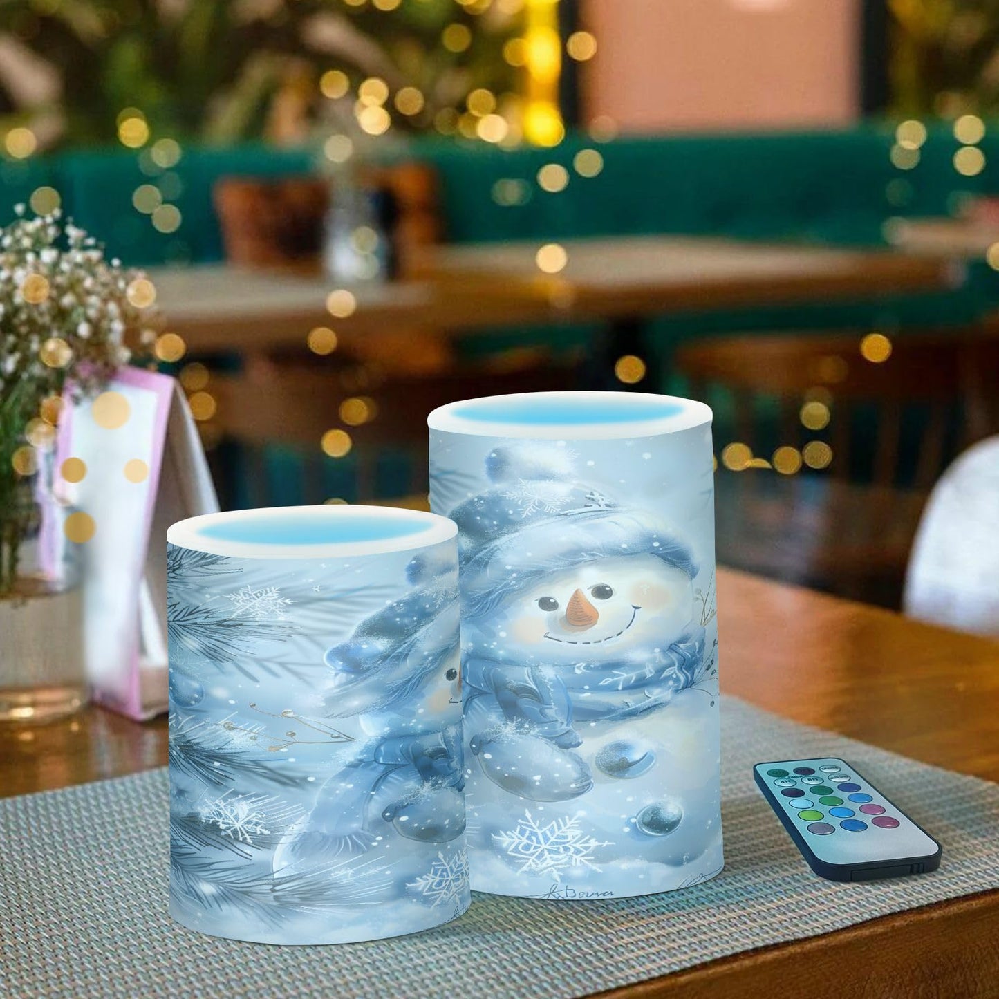 ALAZA Blue and Silver Christmas Snowman Flickering Flameless Candles Battery Operated with Remote Timer,Tea Light Candles LED Pillar Votive Candles Set of 2 for Outdoor Indoor Decorations