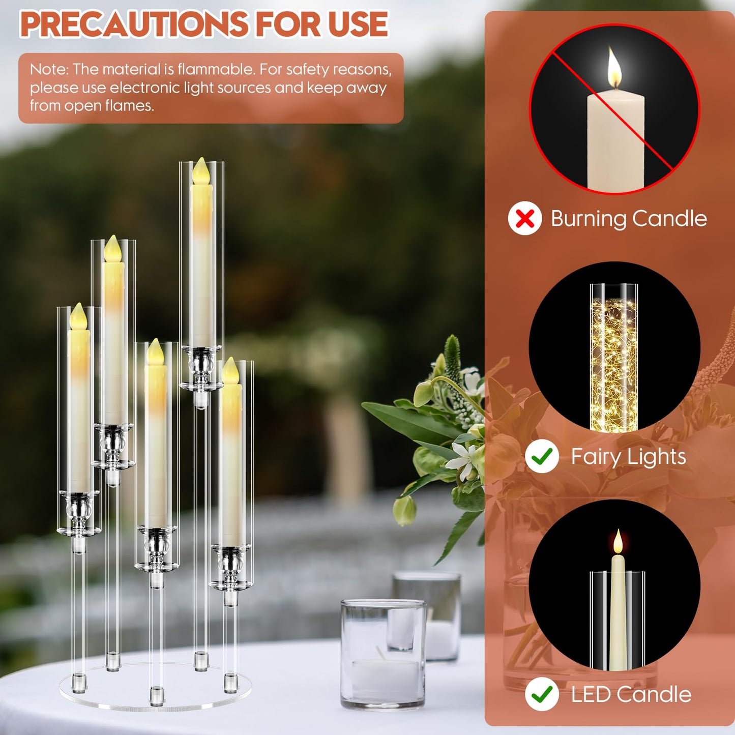 2 Set 5 Arm Acrylic Candle Holder with Candles, Mjkeomo 22.8'' Tall Table Candelabra Centerpiece, Lightweight Candelabra with Lampshades for Fireplace Mantel, Wedding, Housewarming Gift