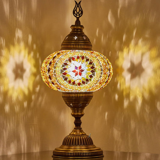 DEMMEX Battery-Operated Turkish Moroccan Mosaic Table Lamp – 12”H, 5”W, Portable Stained Glass Lantern for Indoor & Outdoor Use, Cordless Handmade Decorative Light for Bedroom, Patio & Camping, Amber