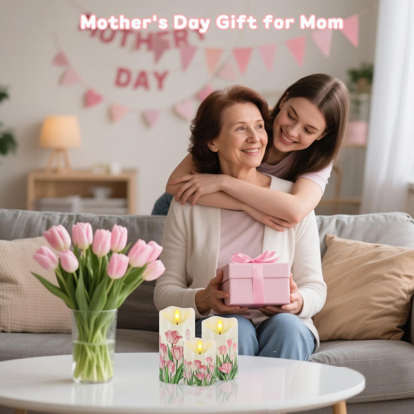 VEEKI Flameless Candles Light, Set of 3 Flickering Tulip Pillar Candles with Remote & Timer, Dimmable Real Wax Electric LED Candles Battery Operated, Mother's Day Birthday Gift for Mom Grandma Women
