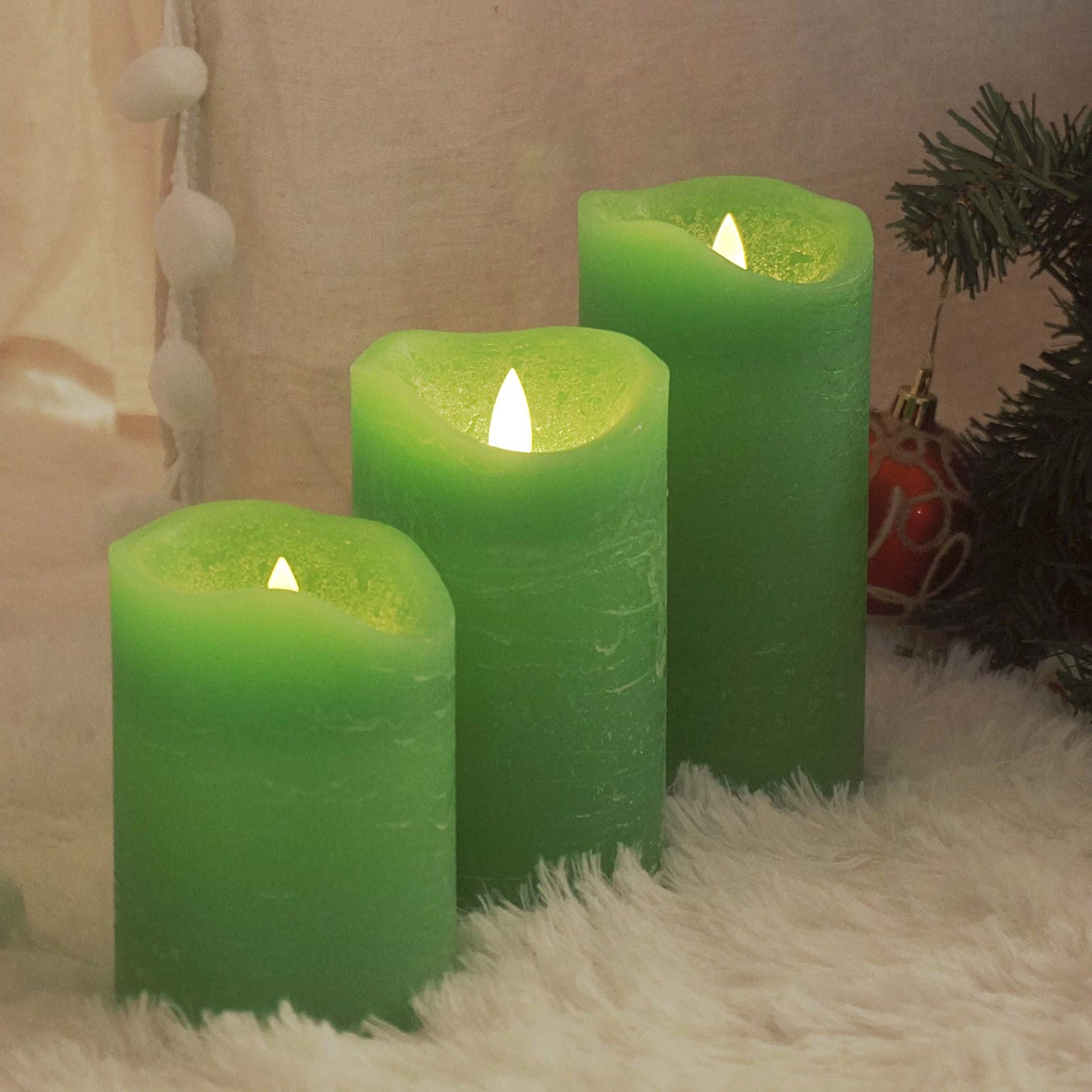 iZAN 3 Pack Real Wax Flameless Candles Battery Operated LED Pillar Flickering Realistic Electric Candle Gift Sets with Remote Control and Cycling 24 Hours Timer 3”D X 4" 5" 6" H (Apple Green)