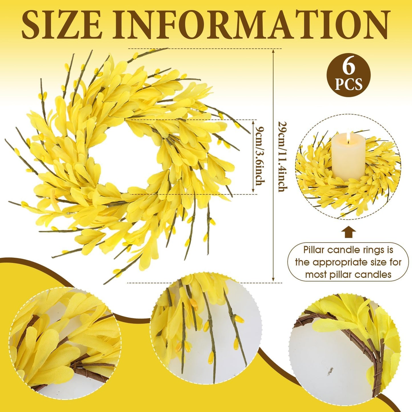 6 PCS Spring Forsythia Wreath Candle Rings Artificial Forsythia Farmhouse Candle Rings Pillar Holder Wreath Mini Spring Summer Floral Candle Rings for Rustic Wedding Home Table Centerpiece Decor