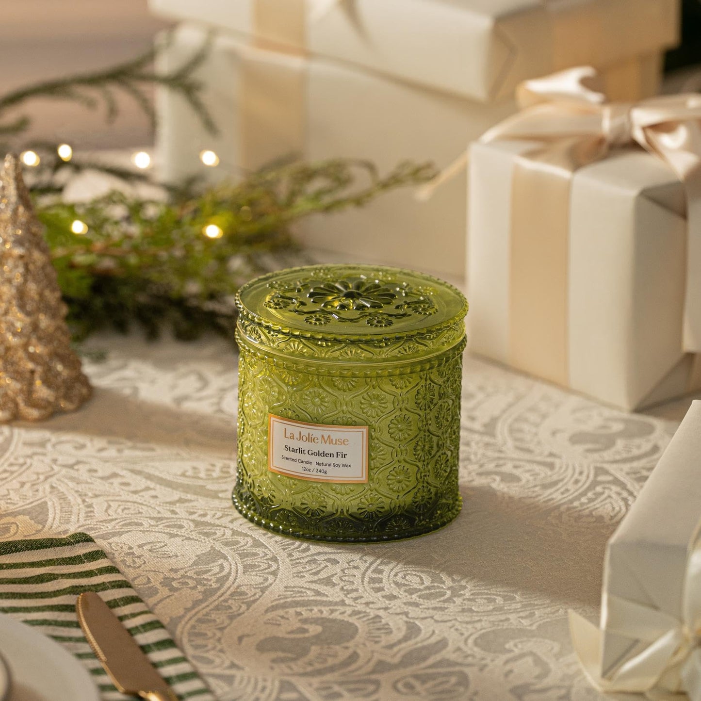 LA JOLIE MUSE Starlit Golden Fir Candle - Cedarwood, Patchouli, Fir Balsam | 12 oz Large 2-Wick Soy Wax Candle | 60 Hours Clean Burn | Balsam and Fir Candle | Gift-Ready for Hosts & Gatherings