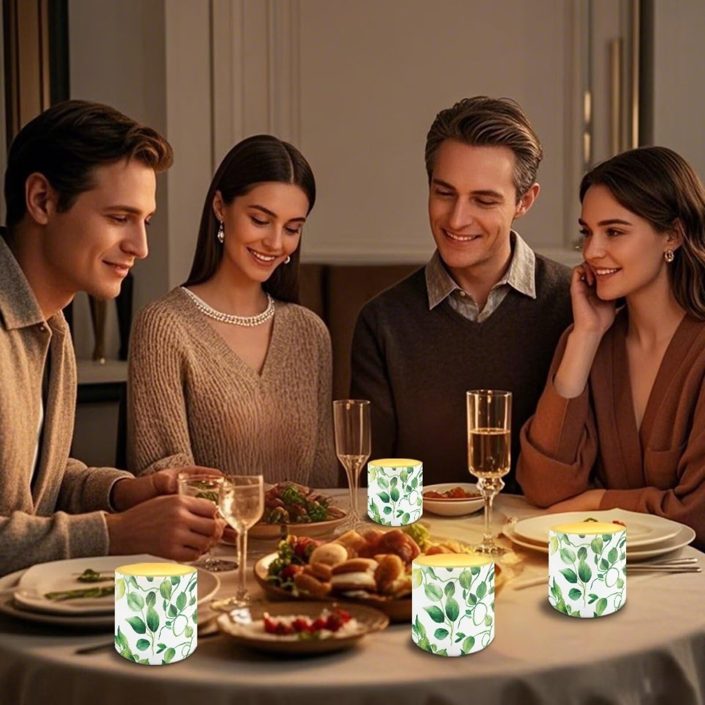 Cozeyat Green Leaves Realistic Dancing Flame Candles 4 Pack Battery Operated Flameless LED with Remote Control Timer Waterproof for Indoor Outdoor Decoration