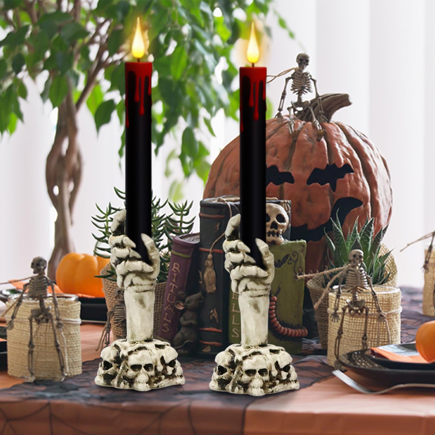 DRomance Black Flameless Taper Candles Battery Operated with Remote and Timer, Blood Dripping Wax LED Flickering Candles Skeleton Hand Holders Dinner Table Halloween Decor Lights(2 Pack, 3” x 12”)