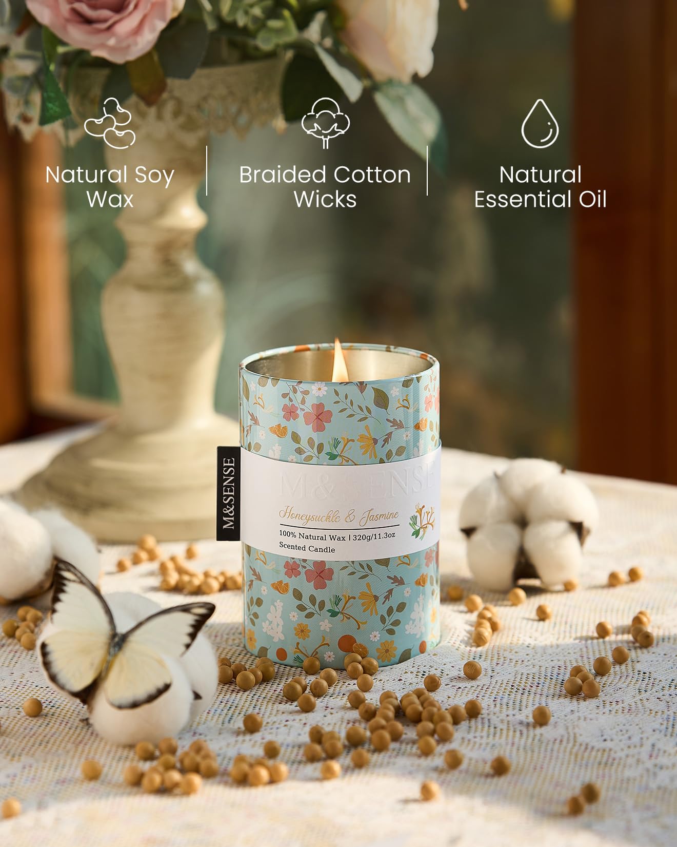 M&SENSE Spring Candle 11.3 oz,Honeysuckle Jasmine Scented Candle, Non-Toxin Soy Wax for Home Scented, Floral Candles for Women, Up to 70 Hours Burning Long-Lasting Fragrance