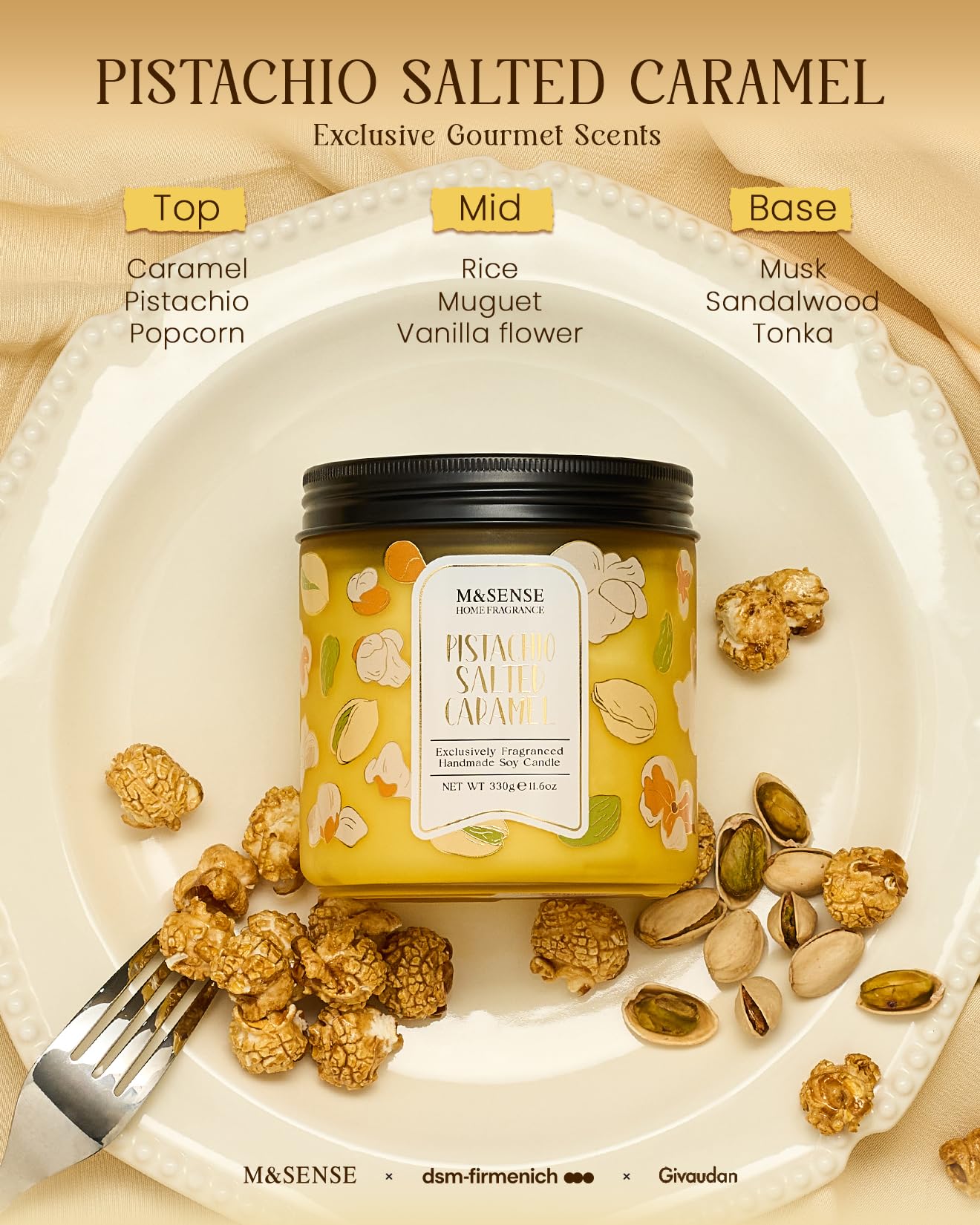 M&SENSE Pistachio Caramel Scented Candle, 11.6oz Natural Soy Wax Non Toxic, 2 Wick Jar Candle, Up to 70 Hours Clean Burn, Housewarming Gift for Women, Nutty Sweet Aroma for Home Office Comfort
