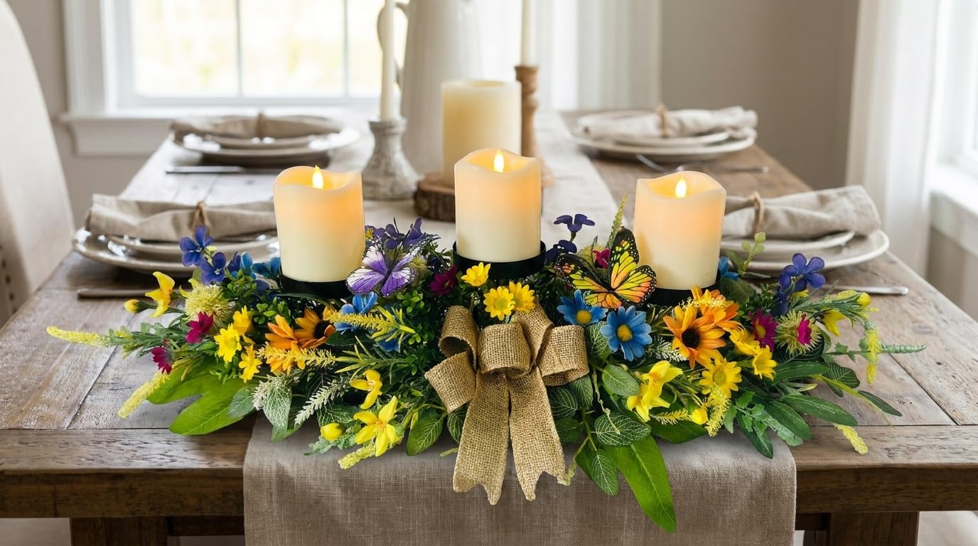 Svndlyn Candle Holders Spring Summer Centerpiece,3 Wick Candle Holder with Daisy and Sunflowers, Perfect for Spring Decor,Easter Centerpiece Table Decor,Indoor Home Decor,Desktop Decor