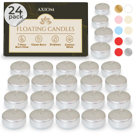 24 Pack - 2” Silver Floating Candles - Floating Candle 2 inch for Centerpieces - Unscented Paraffin, Cotton Wicks, 4-Hour Clean Burn for Wedding, Proposal Decorations, Romantic Night for Her/Him