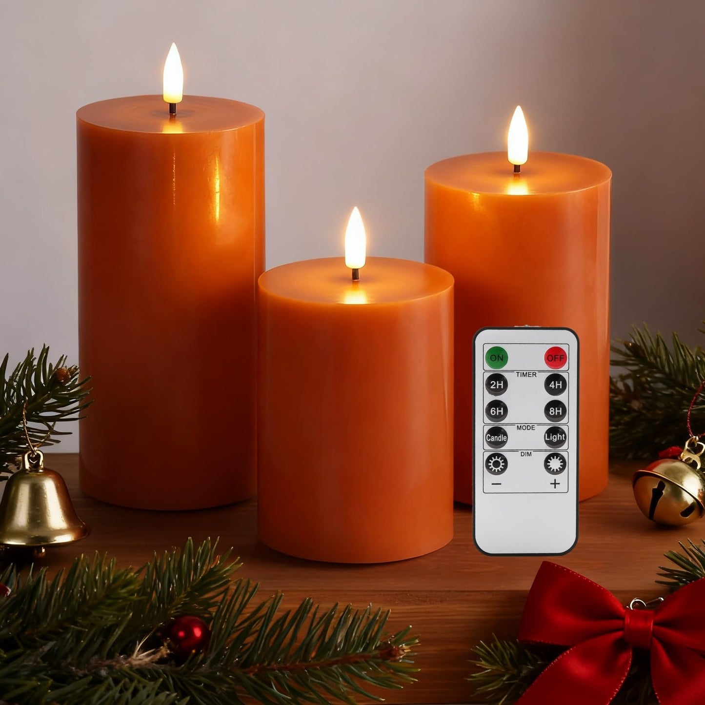 Girimax Burnt Orange Flameless Pillar Candles with Remote, Flickering LED Wax Candles Battery Operated Set of 3