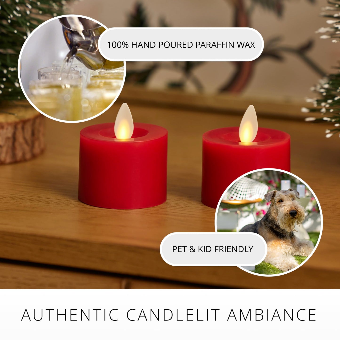 Luminara 2-Pack Moving Flame LED Flameless Tealight (2" x 2") Battery Operated Plastic LED Flameless Tea Light (Holiday Red)