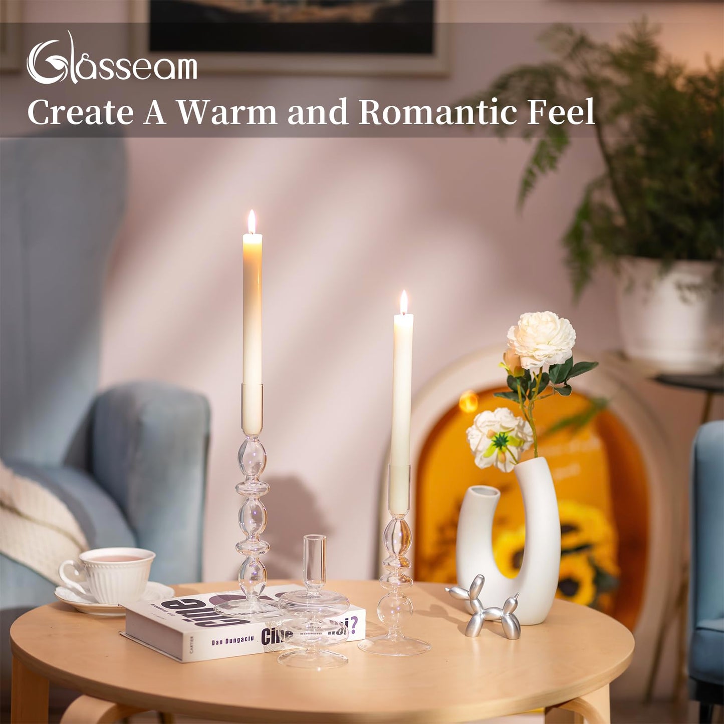 Glasseam Glass Candle Stick Holder: Clear Taper Candle Holders Set of 3, Modern Candlestick Holders for Taper Candles, Decorative Candle Holder for Table Centerpiece Wedding Party Christmas Decoration