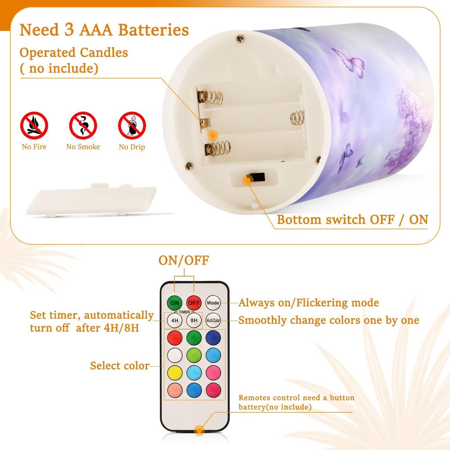 WEVIBOFU Purple Lilac Butterfly Flowers Flickering Flameless Candles LED Battery Operated with Remote Timer Pillar Candles for Home Birthday Wedding Christmas Decor, Set of 2
