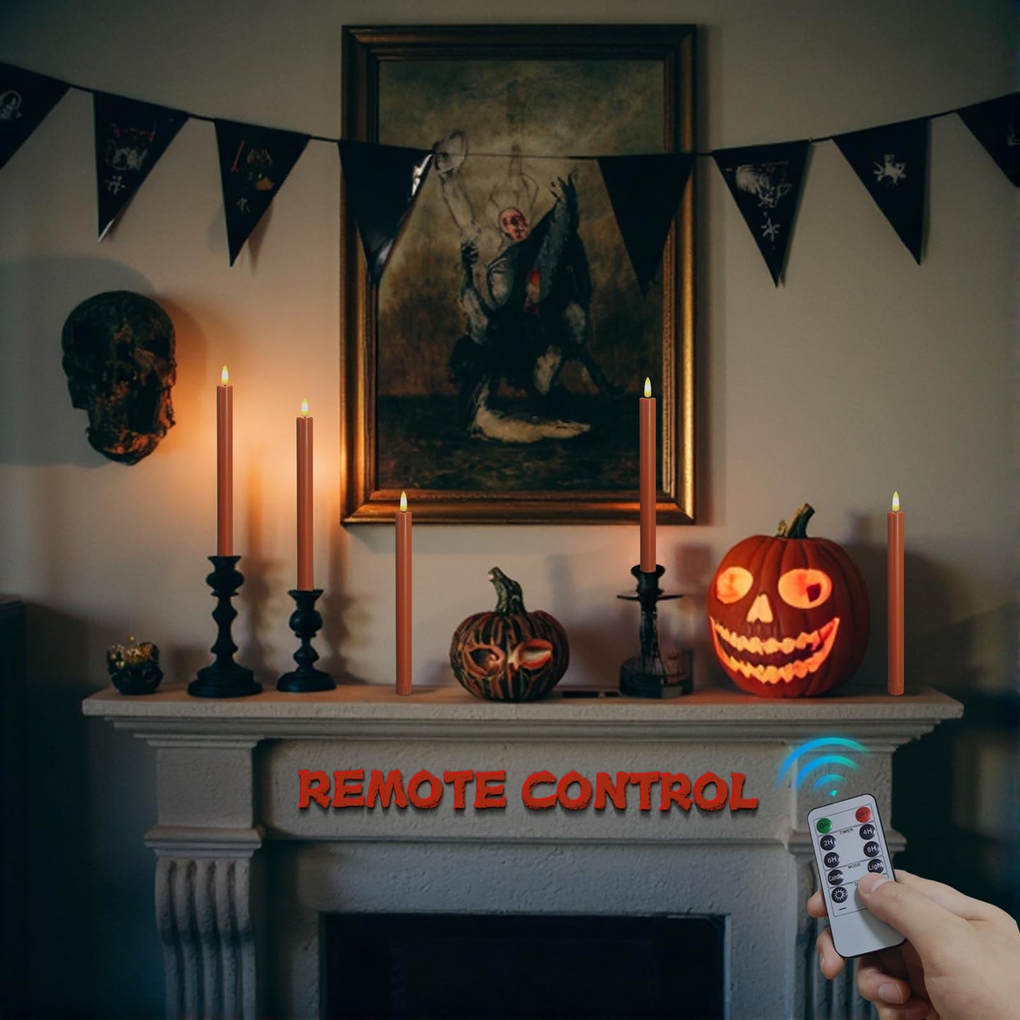 SUNGEGE Flameless Taper Candles, LED Flickering with 2 Remotes, Battery Operated for Halloween, Fall, and Thanksgiving Decorations,6 Pack of Orange