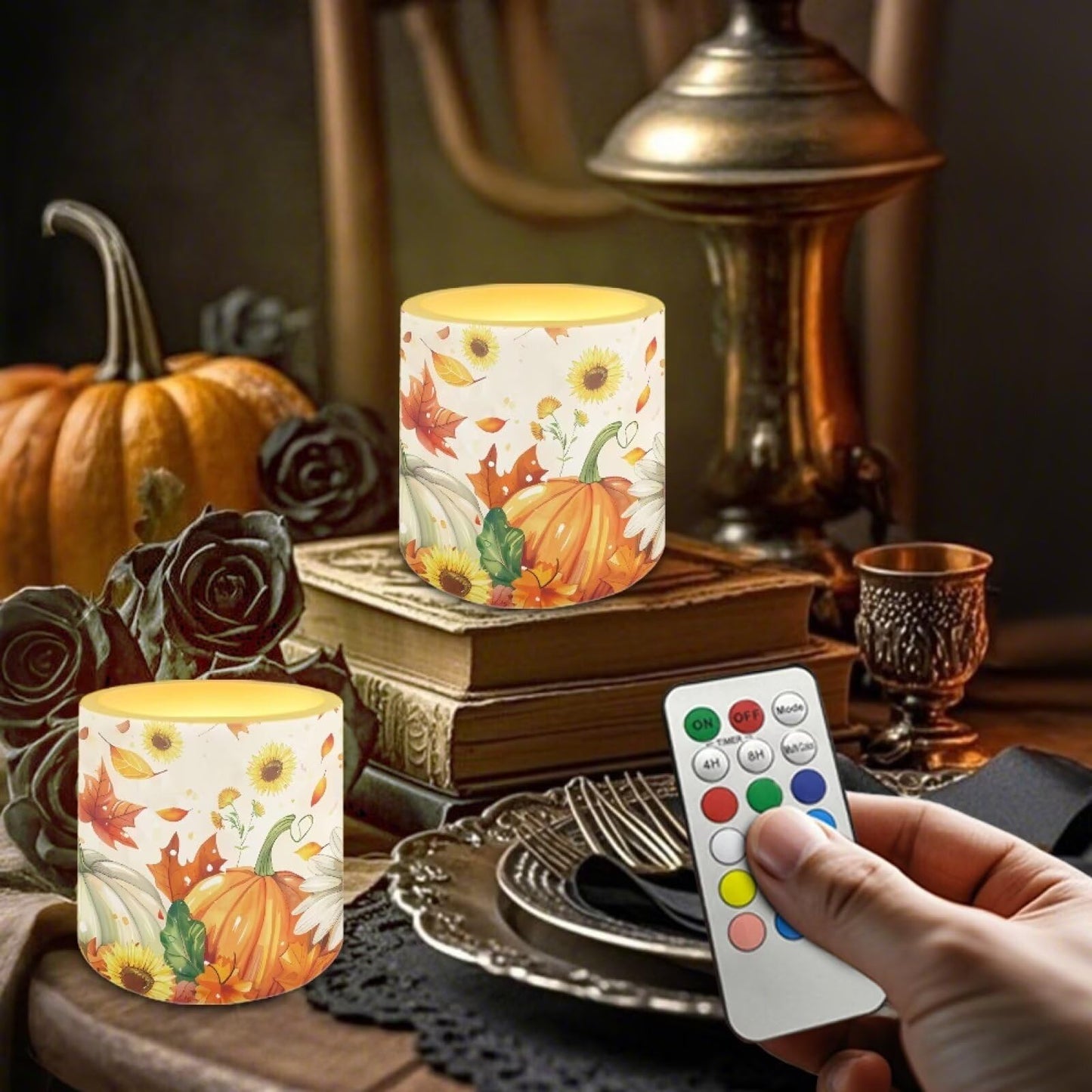 Cozeyat Harvest Pumpkin LED Candles Set of 4 Battery Powered Flameless with Remote Timer Dancing Flame Waterproof for Garden Patio Table Decoration
