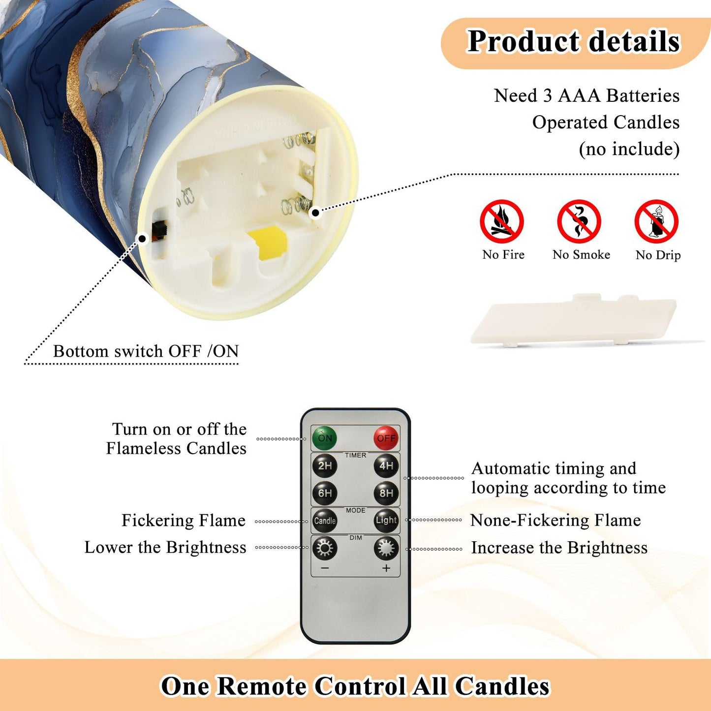 famyily Safe Indoor Decor Fake Candles with Timer 2/4/6/8H Battery Operated Candles for Bathroom Vanity 5.9x3in - Marble Silver Navy Blue