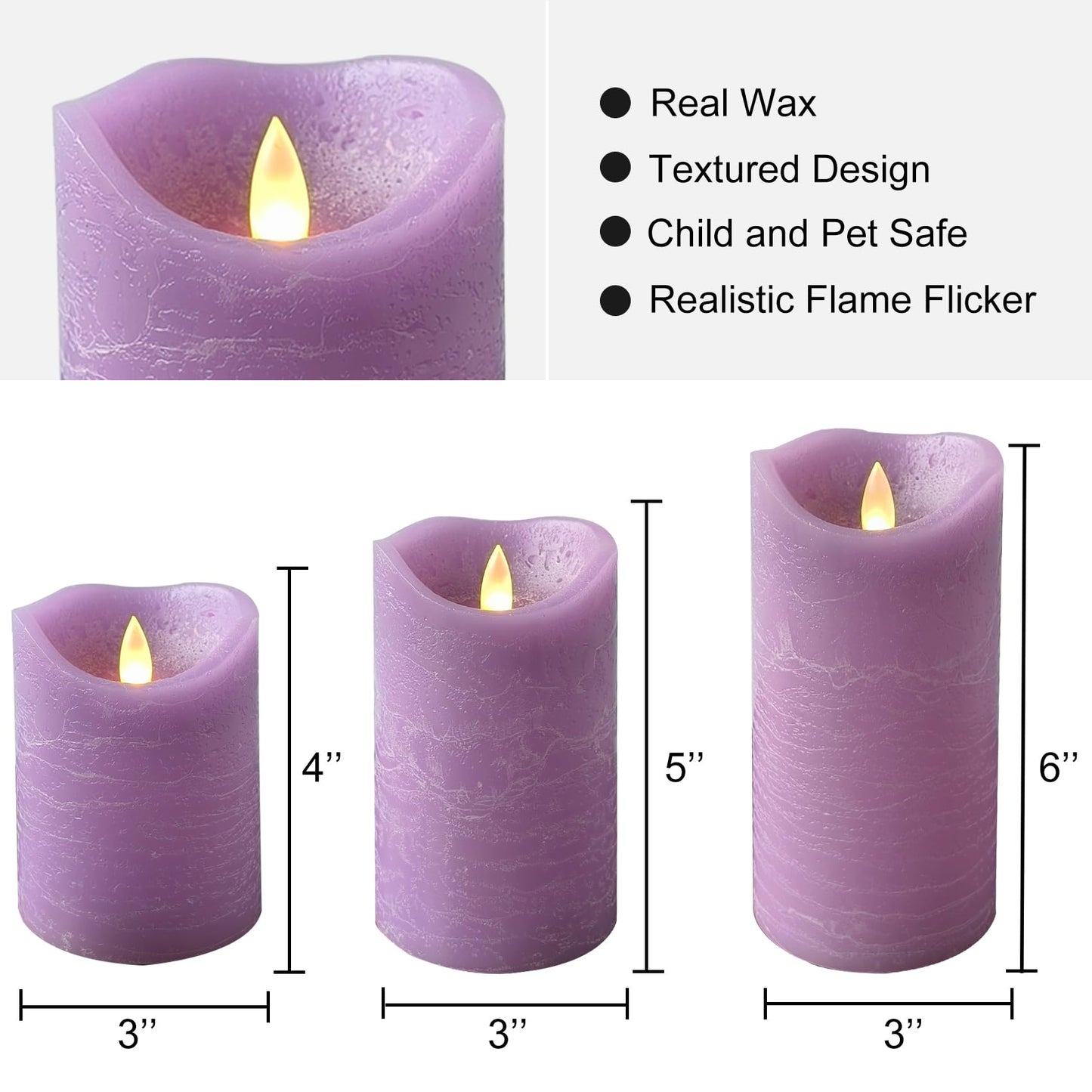 EZiKitchen Real Wax Flameless Candles Set of 3 (D 3" x H 4" 5" 6") Battery Operated LED Candle with Timer Home Decorative Pillar Flickering Lights,Wedding Party Events Decor,Purple