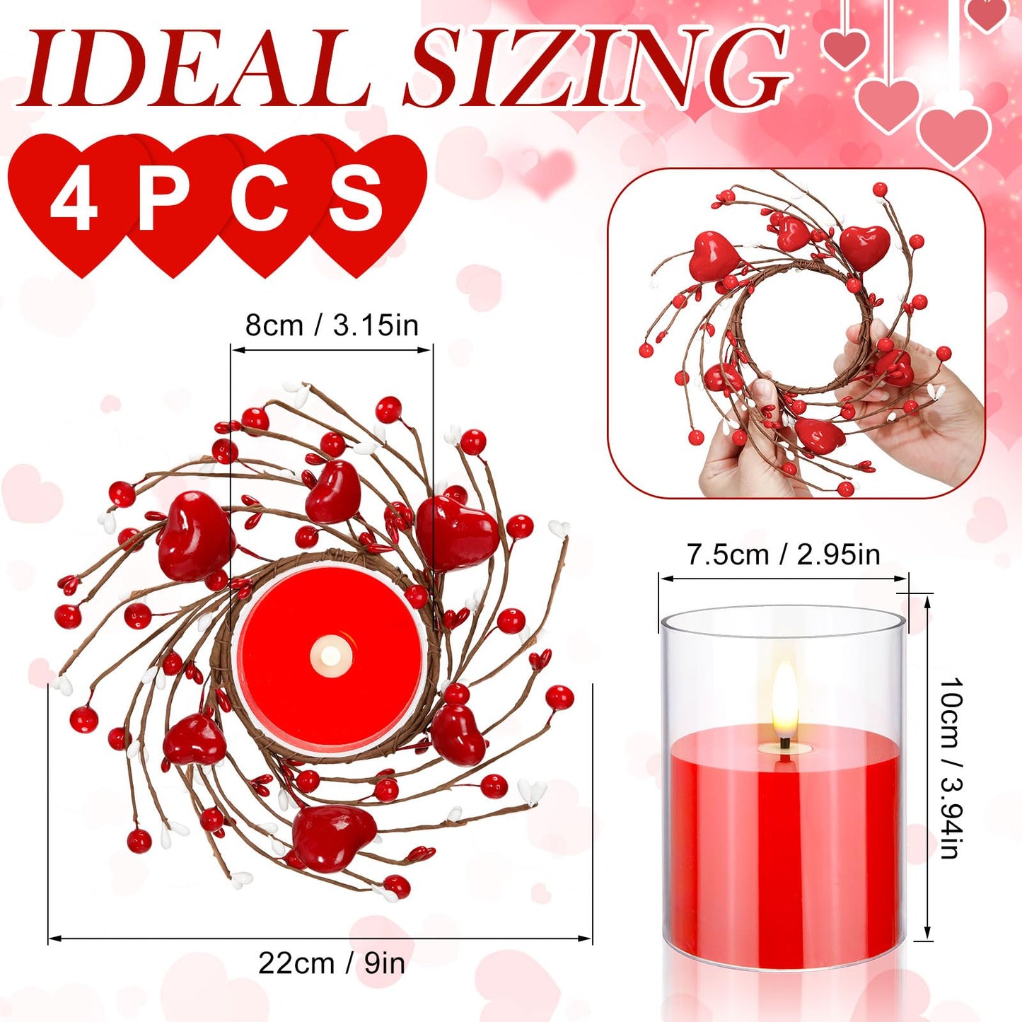 Yunlly 4 Pcs Valentine Candle Wreaths Rings Red Heart and Berry Candle Holder Rings with LED Flameless Red Candles, 9.5" Wide for Valentine's Day Wedding Windows Table Centerpieces