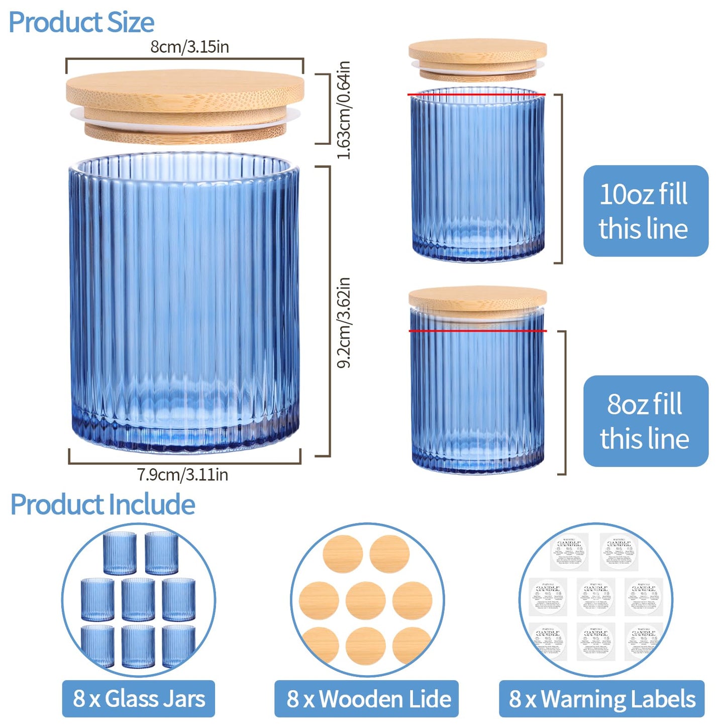 sunnyfuture 10 OZ Blue Candle Jars for Making Candles Set of 8, Ribbed Glass Candle Jars with Wood Lids and Labels, Candle Containers for DIY, Gifts, Home Decoration