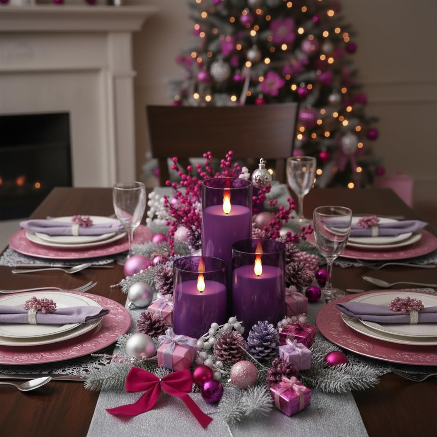 Homemory Purple Flickering Flameless Candles, Battery Operated Acrylic LED Pillar Candles with Remote Control and Timer, Purple Decor, Set of 5