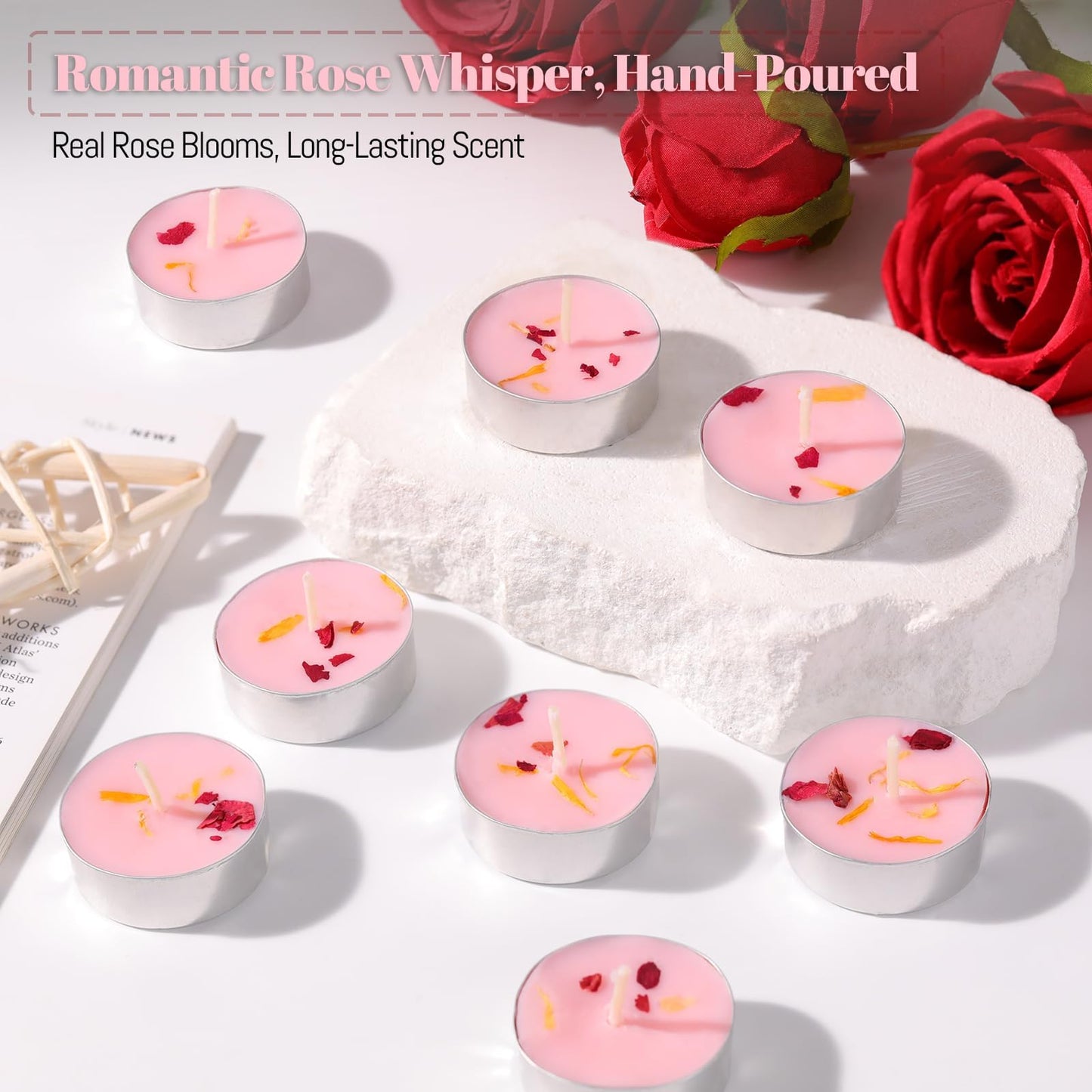 HAVITI 15 Pcs Rose Scented Tealight Candles, Tea Lights Candles, 4H Smokeless Palm Wax Pink Tea Candle for Weddings,Christmas,Spa, Bath