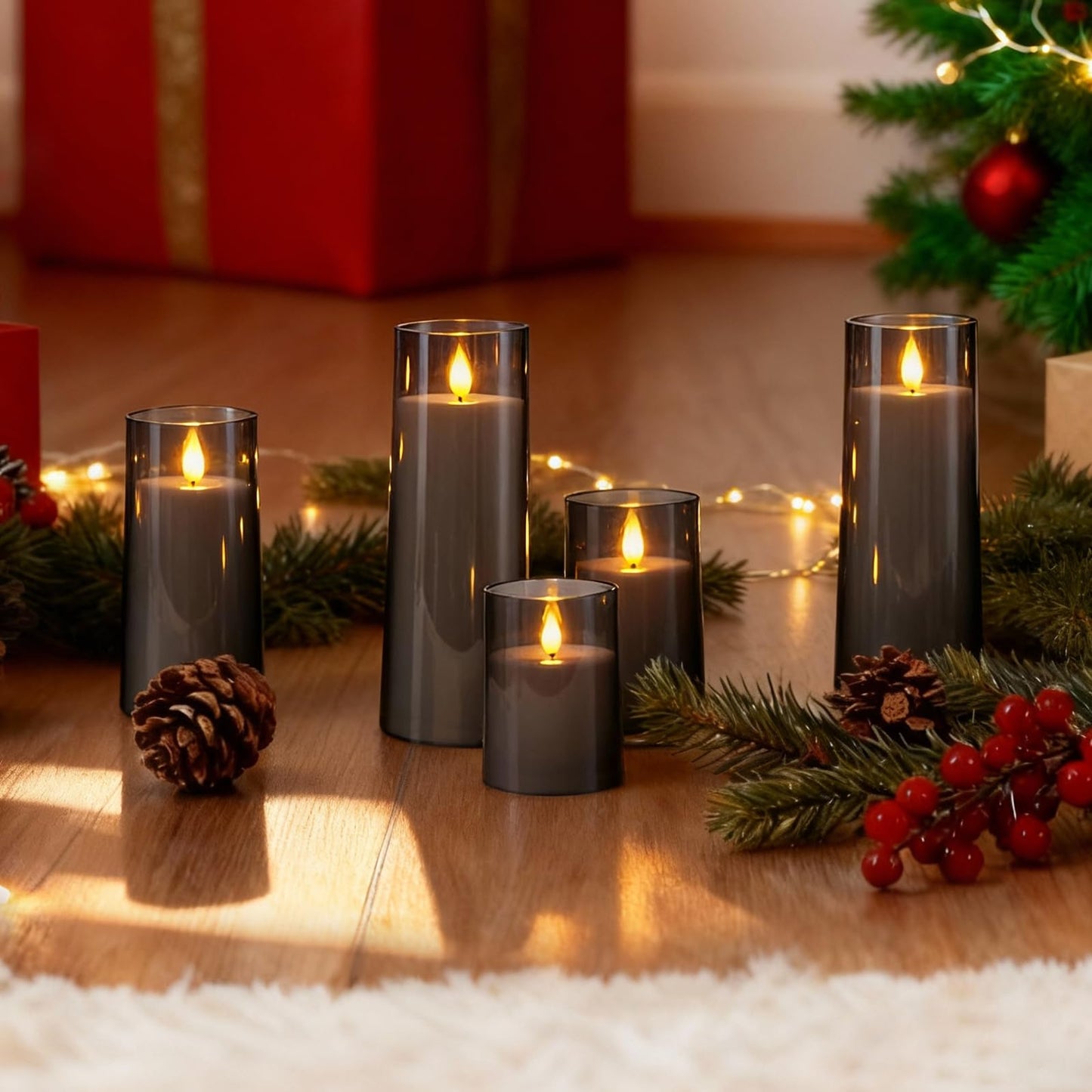 Raycare Flameless Candles Battery Operated with Remote Timer, Acrylic Flickering LED Pillar Candle for Christmas Decoration, Home Decor, Gift for Family and Friend, Grey, Set of 5