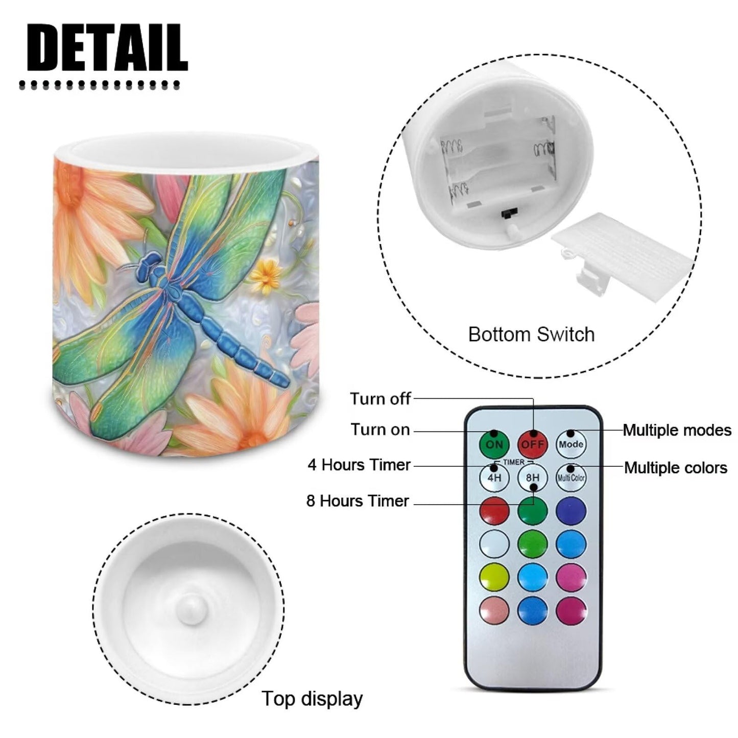 Cozeyat Floral Dragonfly Bedroom Decor LED Candles Set of 4 Battery Powered Flameless with Remote Timer Dancing Flame Waterproof for Home Patio Garden Table