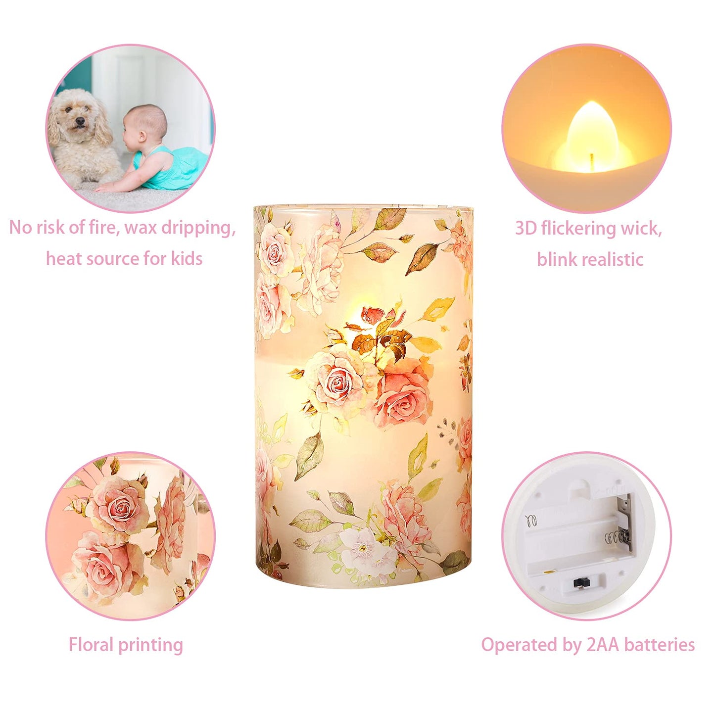 PETRISTRIKE Pink Flameless Candles with Remote Timer, Flickering Glass Candles, Love Themed Decor Battery Led Pillar Candles, Rose Table Ornaments for Mother Gifts,Valentine's Day, Centerpiece