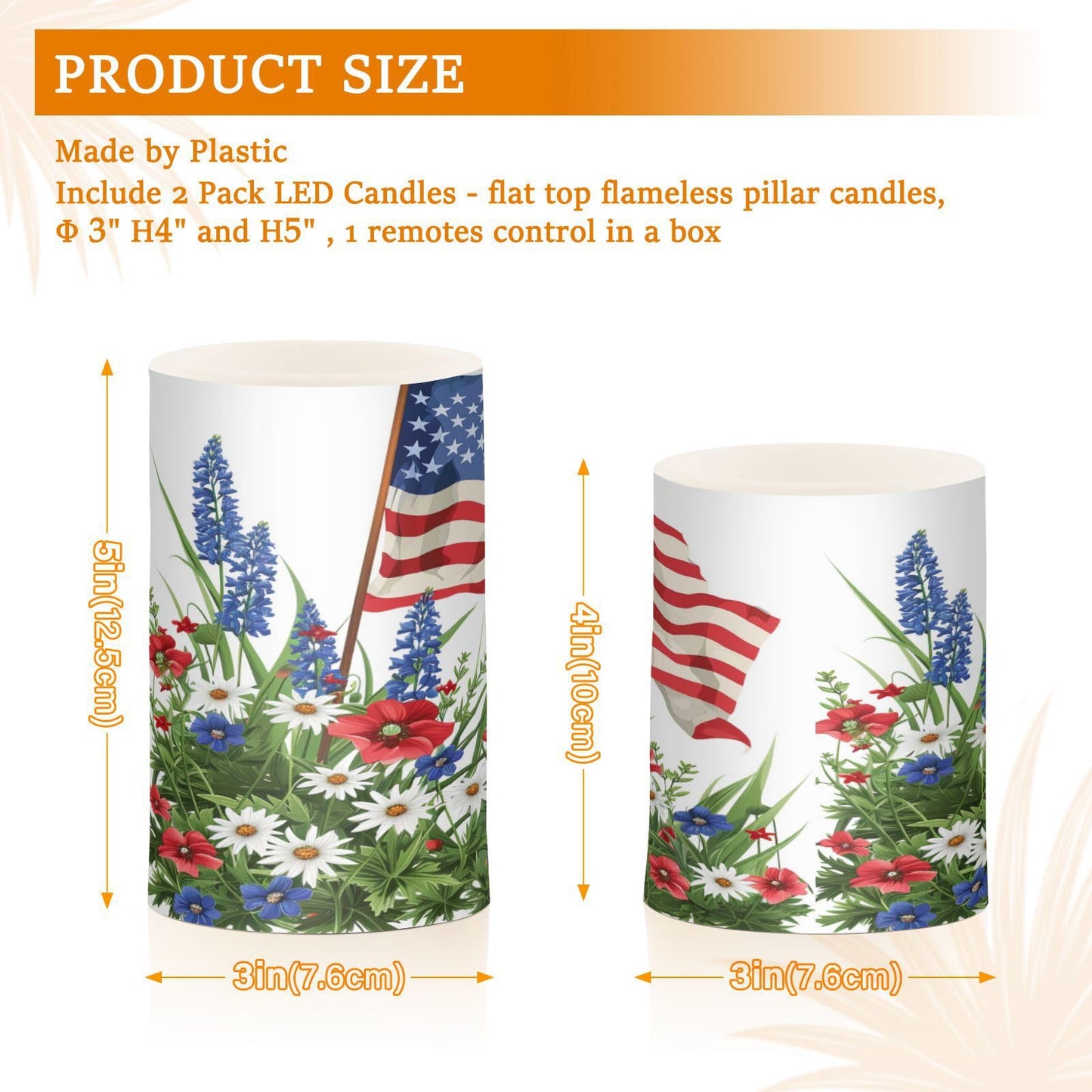 Lights Flameless Candles Wildflowers American Flag Pillar Candles Set of 2 Battery Operated Remote Control Warm Lights Home Decor