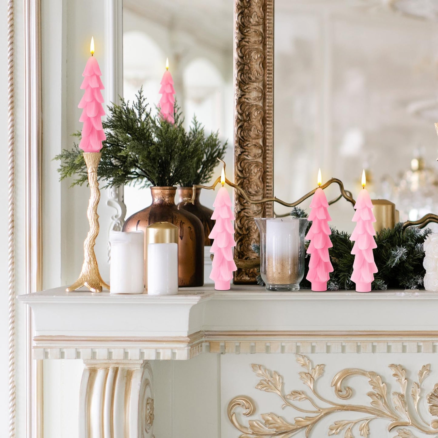 MTLEE 4 Pcs 5 Inch Christmas Tree Shaped Taper Candles Pink Xmas Holiday Candle Unscented Candlesticks for Christmas Party Room House Kitchen Decor Wedding Decorations Gift