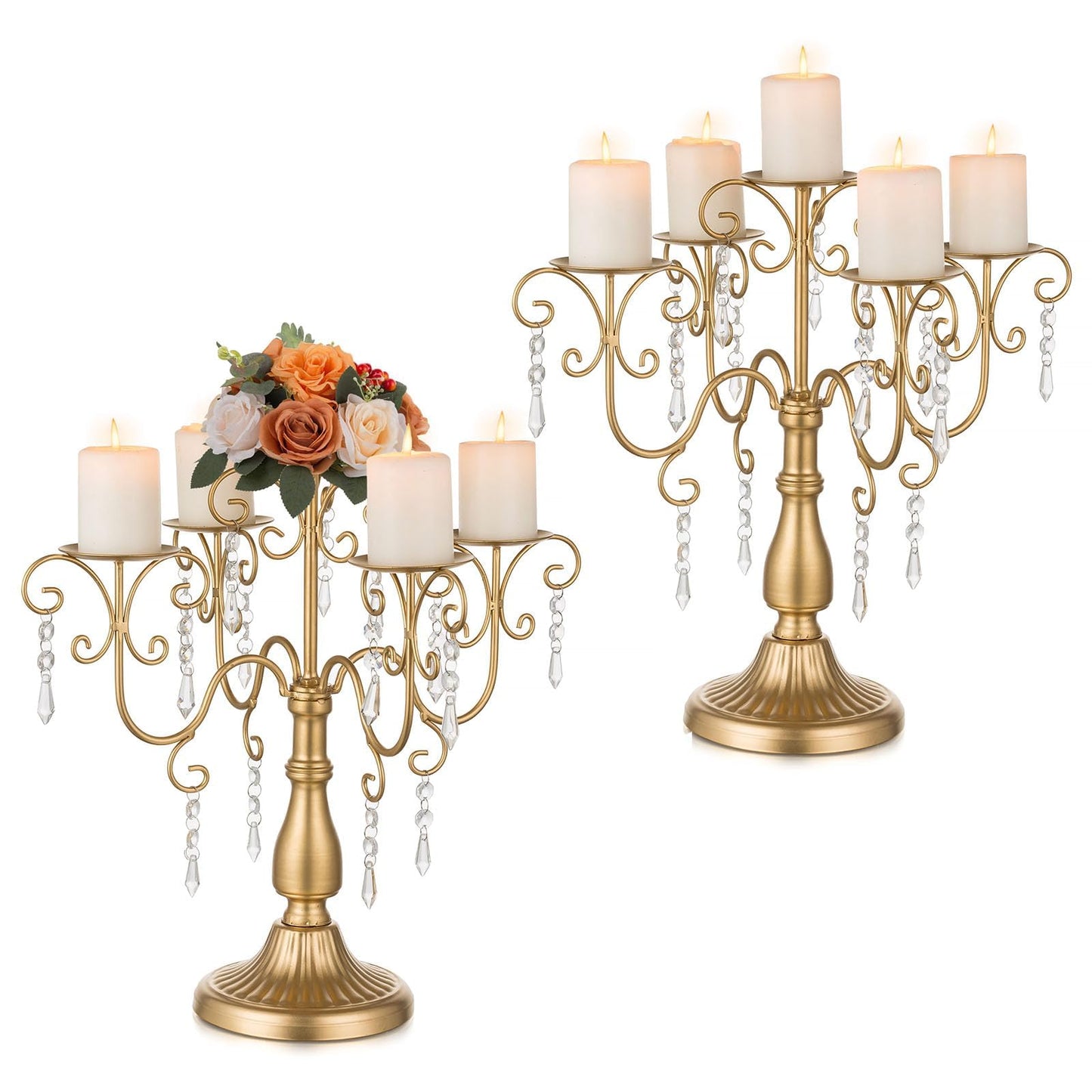Sziqiqi Gold Candelabra Candle Holder - 5 Arm Pillar Candle Holders with Crystal Beads for Christmas Table Centerpiece Halloween Wedding Candleholders Decoration Set of 2