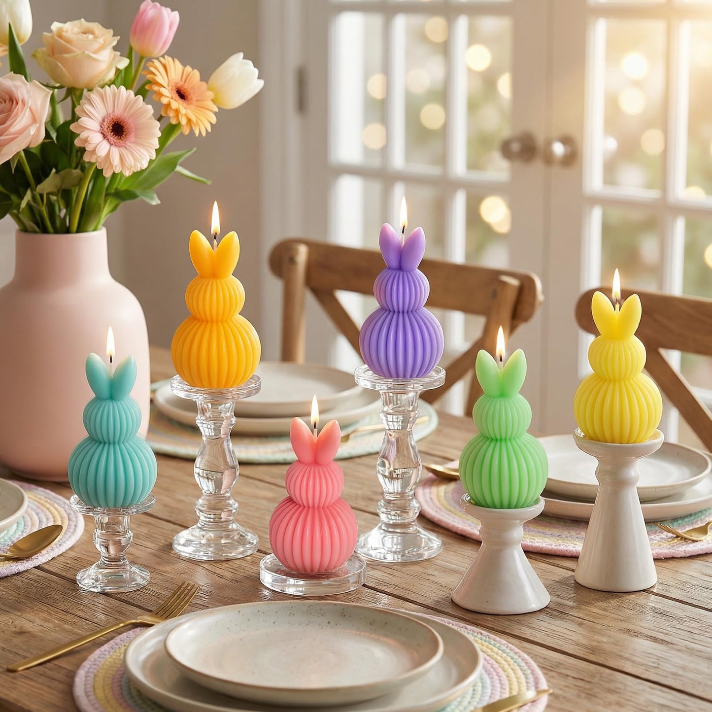 Lanpn 6 Pcs Easter Bunny Candles Gift Set, Mini Rabbit Shaped Votive Tea Lights, Easter Flower & Fruit Scented Candles, Each 2.1 oz, Spring Party Holiday Decor Home Table Centerpiece, Macaron Color