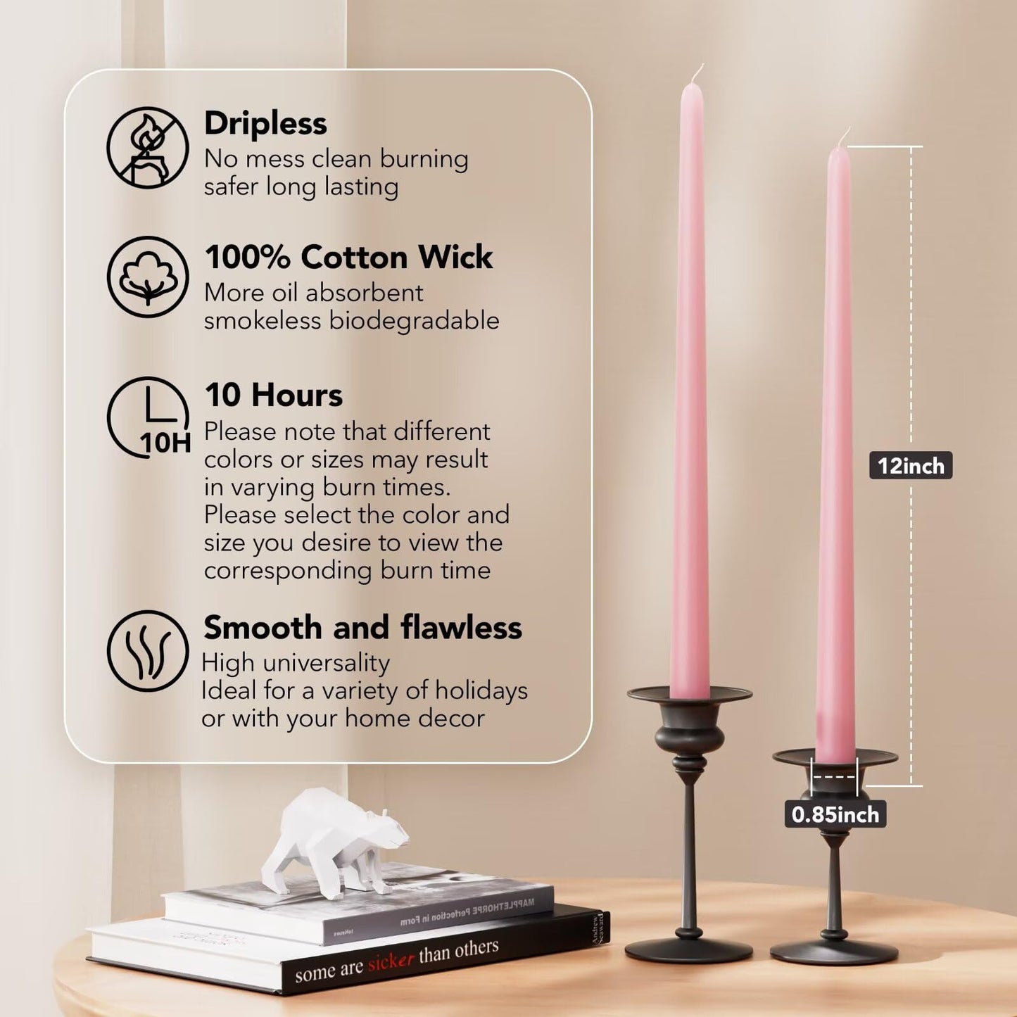 Pickood 12-Inch Tall Dripless Taper Candles Set of 4 - Pink Tapered Candles, Perfect for Spring - Smokeless, Unscented, Long Burning - Hand Poured, Colored Tall Candlesticks - Light Pink