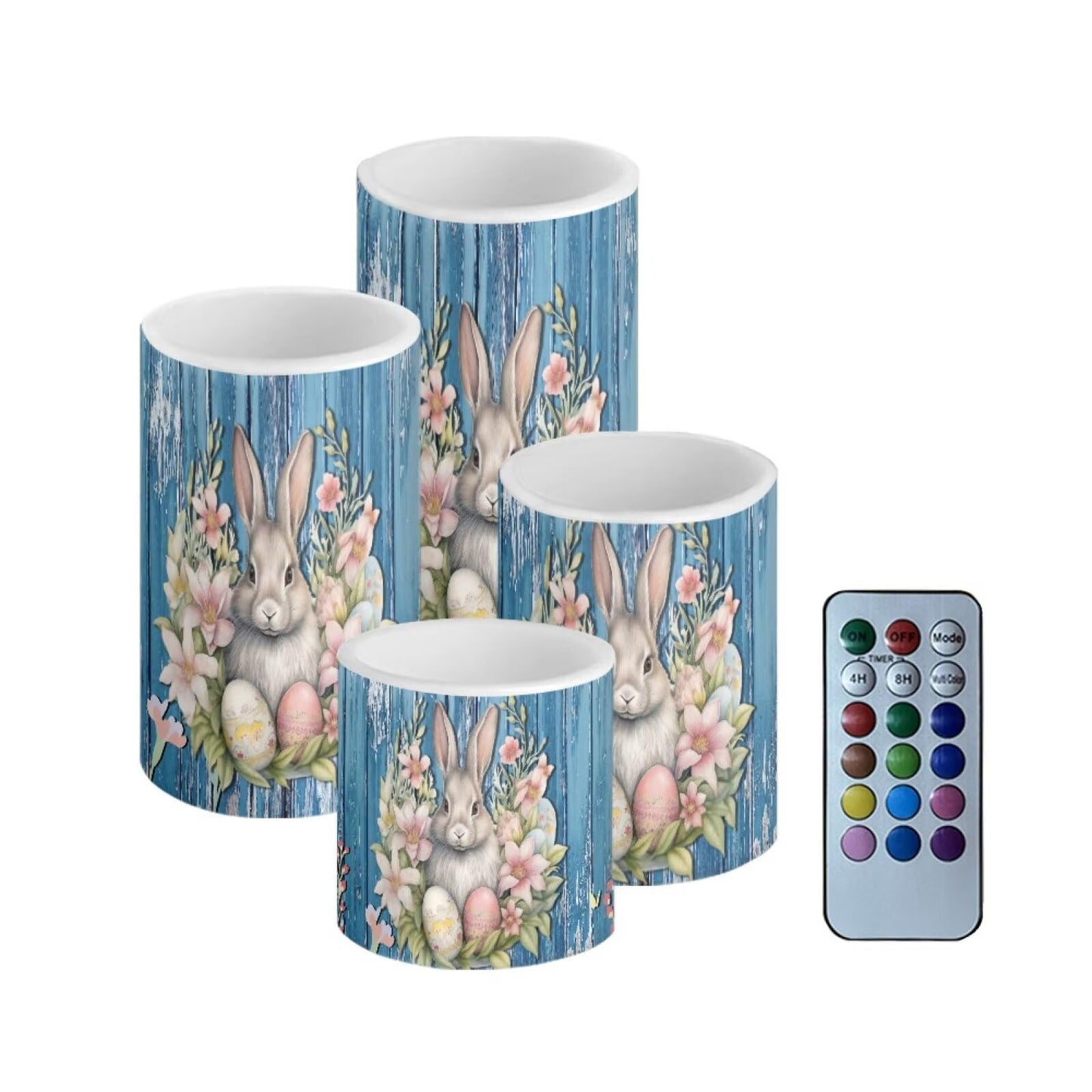 NEITLGEN Easter Decorative Flameless Candles with Timer Remote, Flickering Battery Operated LED Pillar Candles Set of 4 Floral Bunny Blue Wood Grain