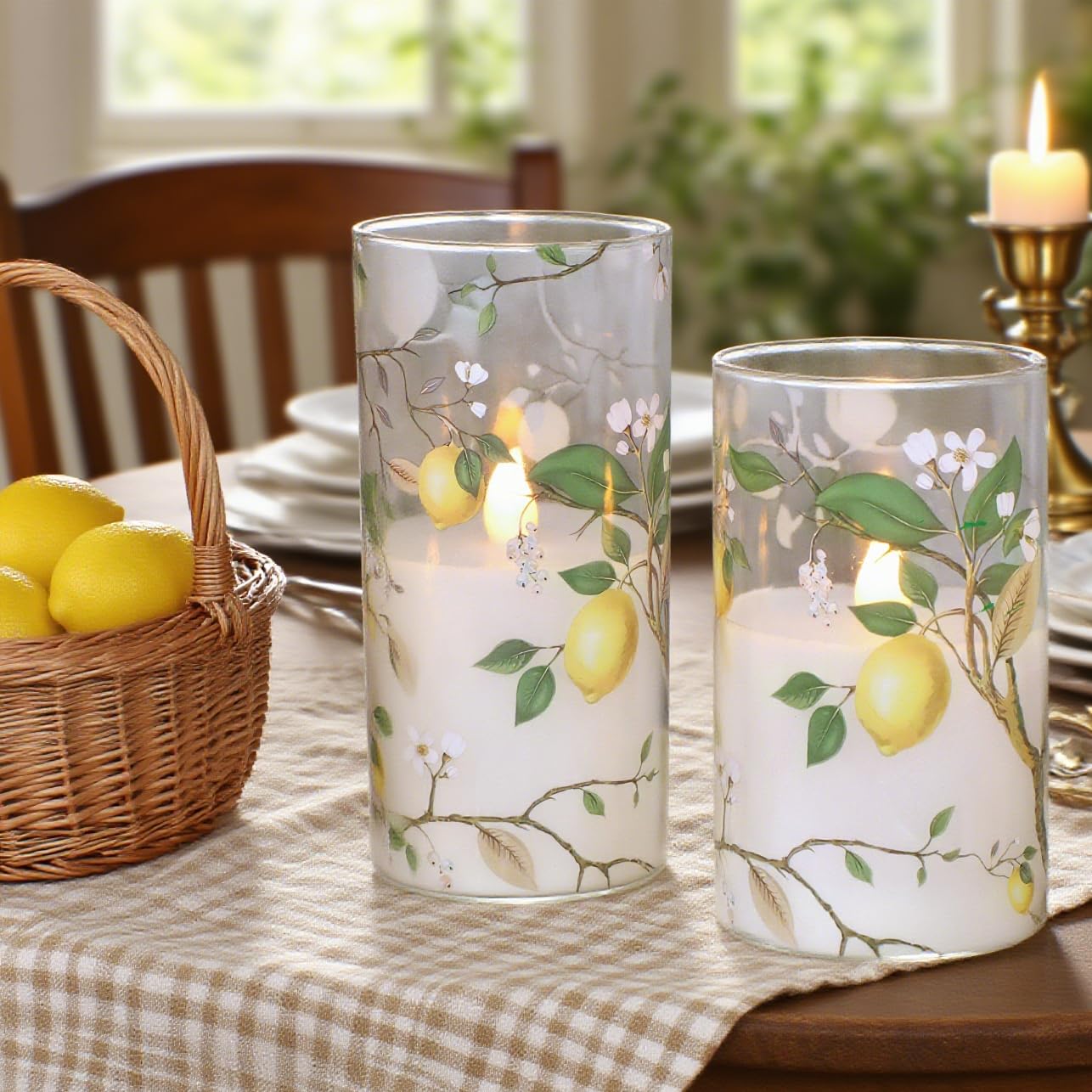 Silverstro Flameless LED Candles with Remote Lemon Decal Glass Flickering Battery Operated Candles for Home Room Party Wedding Holiday Christmas Valentine's Day Decor - Set of 3