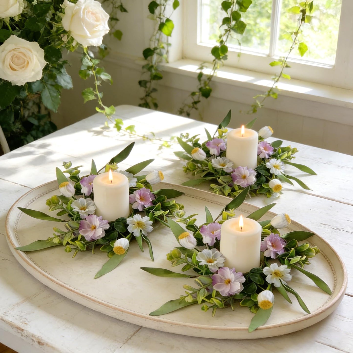 6 Pcs Small Spring Summer Candle Ring Wreaths with Artificial Pink White Flower and Yellow Fruit Mini Pillar Candle Holder Wreath with Lavender for Home Kitchen Cabinets Table Centerpieces Front Door