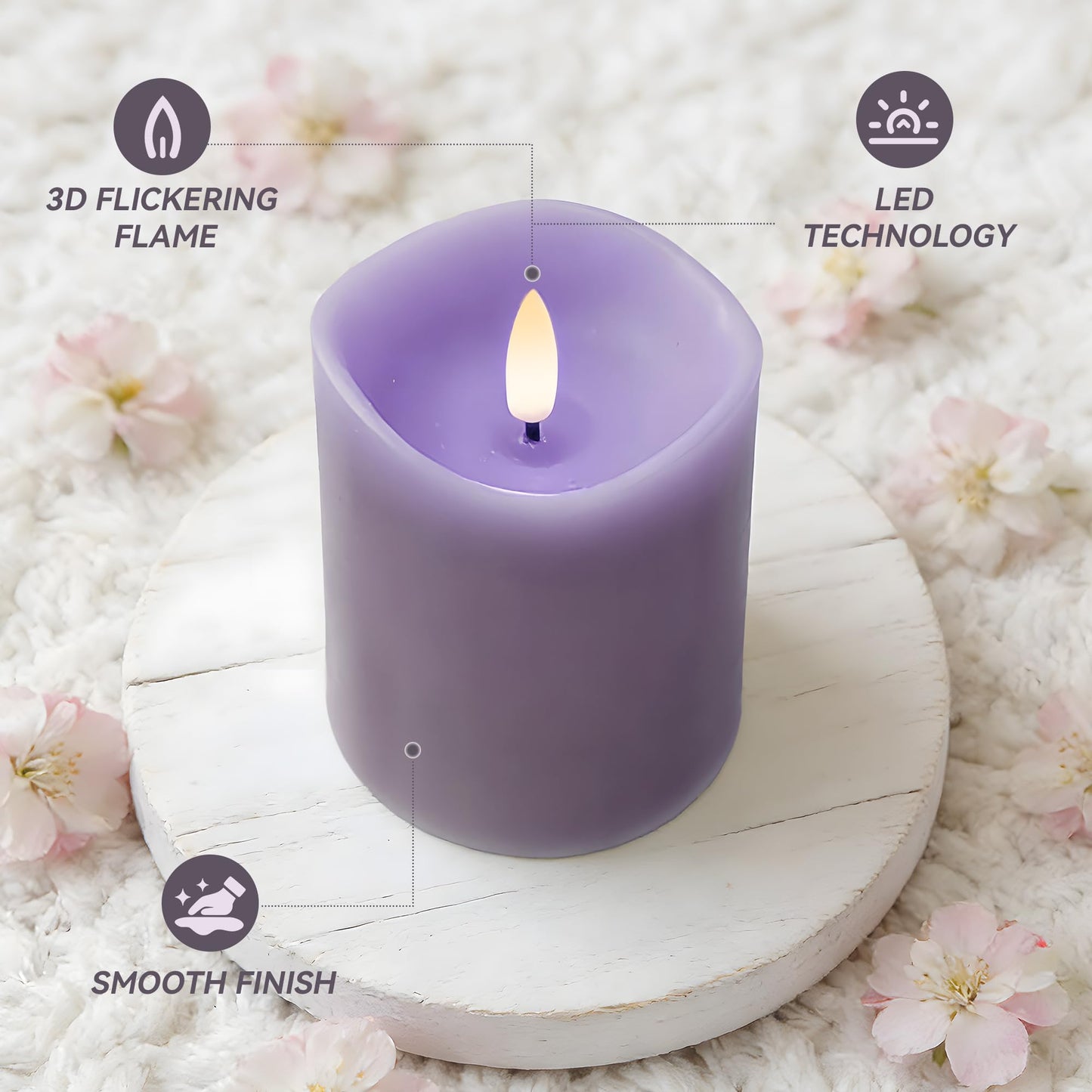 Velsyn Purple Flameless Candles with Remote and Timer, Real Wax Made LED Pillar Candles Battery Operated with 3D Flickering Flame Melted Edge, 3" x 4",5",6", Set of 3 (Pastel Purple)