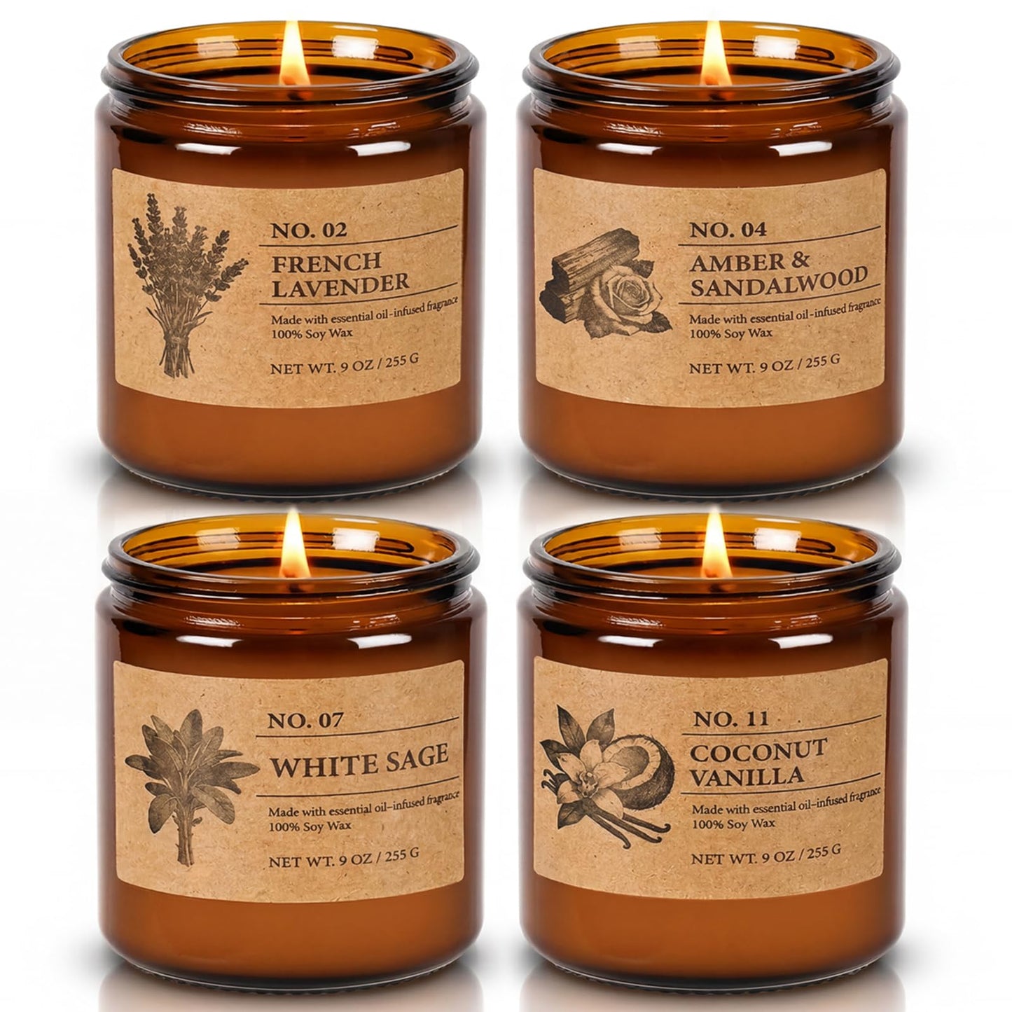 Soy Candles Set of 4, 9oz Natural Soy Wax Aromatherapy Candles, Home Scented Candles with 4 Scents (Lavender, Amber Sandalwood, White Sage, Coconut Vanilla), Gifts for Mom, Women, Relaxation, Yoga
