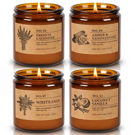 Soy Candles Set of 4, 9oz Natural Soy Wax Aromatherapy Candles, Home Scented Candles with 4 Scents (Lavender, Amber Sandalwood, White Sage, Coconut Vanilla), Gifts for Mom, Women, Relaxation, Yoga