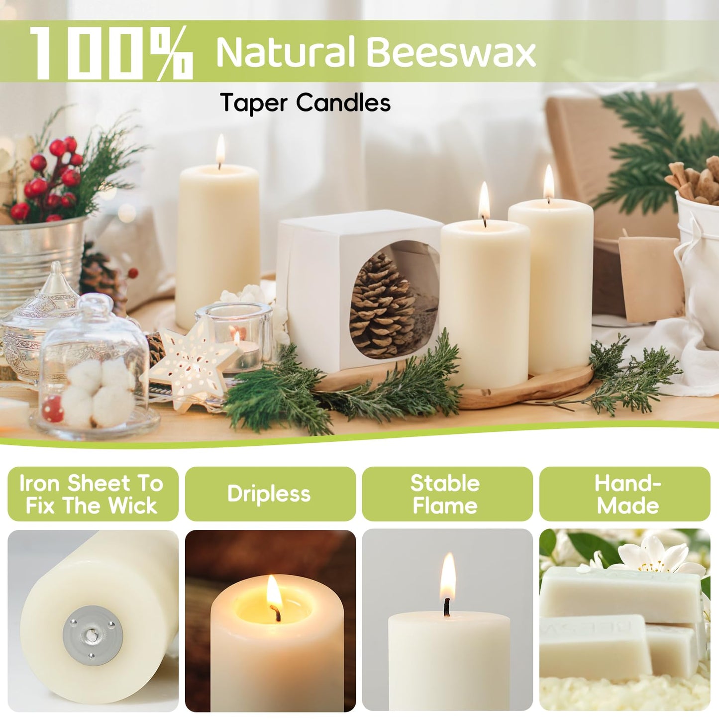 8 Pack Natural Beeswax Pillar Candles,100% Pure Beeswax Candles-344 Hours Long Burning,Off-White Unscented Bees Wax Candles for Home,Prayer,Dripless Smokeless Organic Pillar Candles Bulk-2x4in
