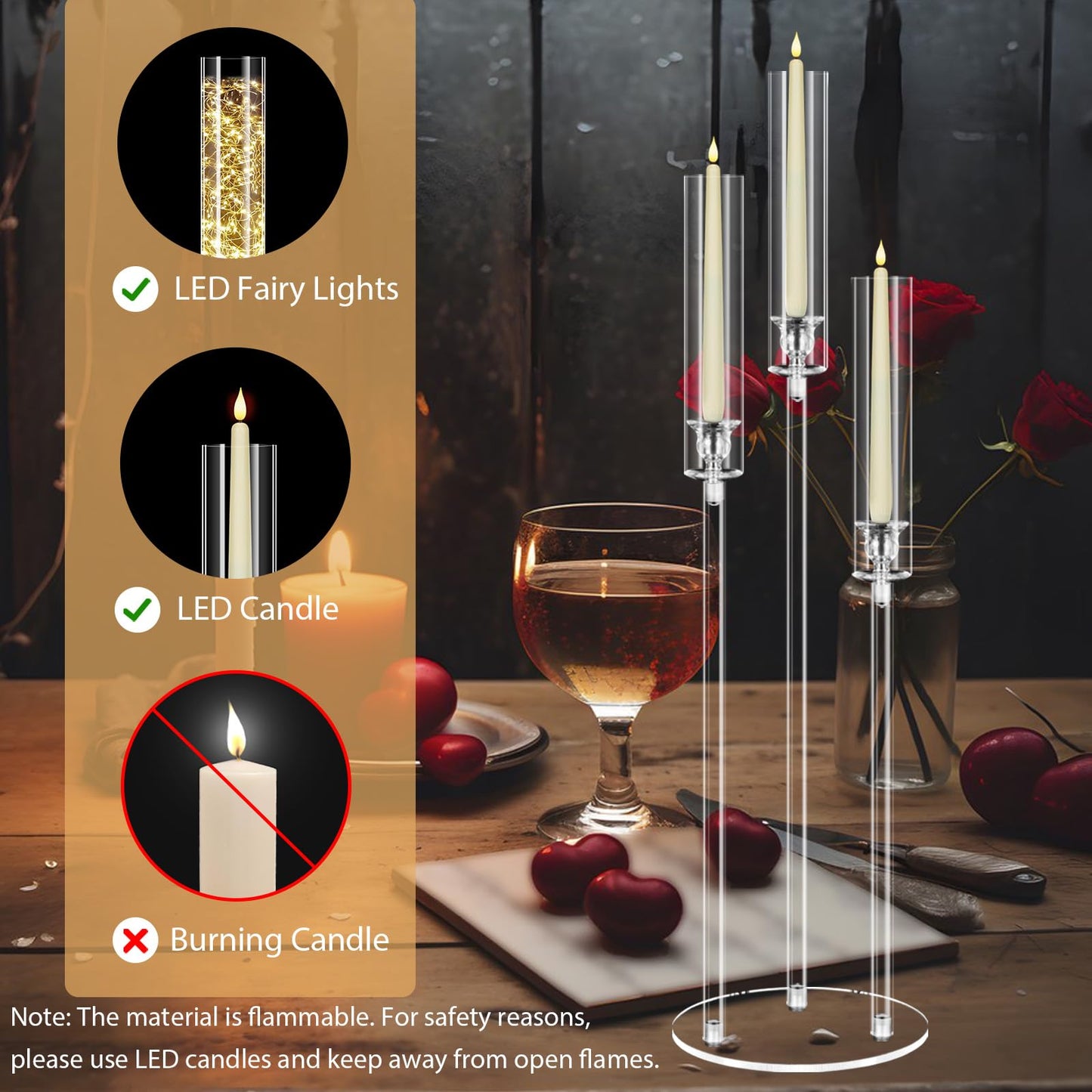 6 Set 3 Arms Acrylic Candelabras with Shades, 42" Floor Candelabra Centerpieces for Wedding Decorations,Clear Candle Holder for Table Decoration,Dinner Party,Candlesticks Holder Fits 0.87“LED Candle