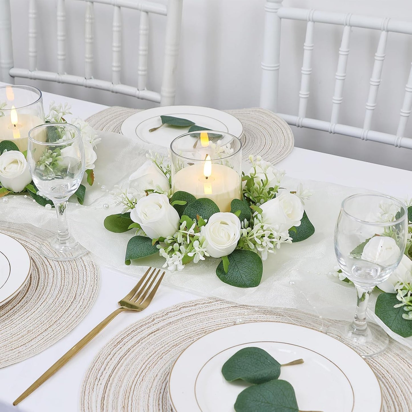 Acmee White Rose Candle Rings with Flameless Candles Sets - 24PCS Artificial Flower Eucalyptus Wedding Centerpiece 3 Inch Pillar Candleholders Wreaths for Wedding Party Decor (White - 12 Sets)
