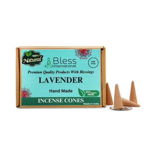 Bless International Lavender 100%-Natural-Incense-Cones Handmade-Hand-Dipped Organic-Chemicals-Free for-Purification-Relaxation-Positivity-Yoga-Meditation The-Best-scents (60 Count)