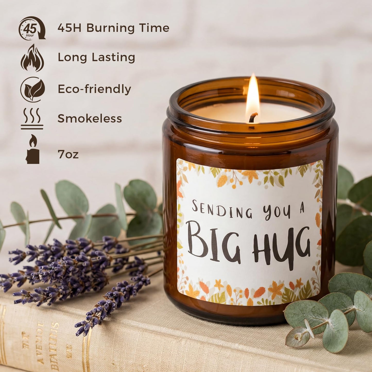 MULCHUM Lavender Scented Candle, Thinking of You Hug Gift for Friends, Relaxing Natural Soy Wax Jar Candle for Women Girlfriend Mom Sisters Stress Relief, 7oz 45 Hours Long Lasting Burn