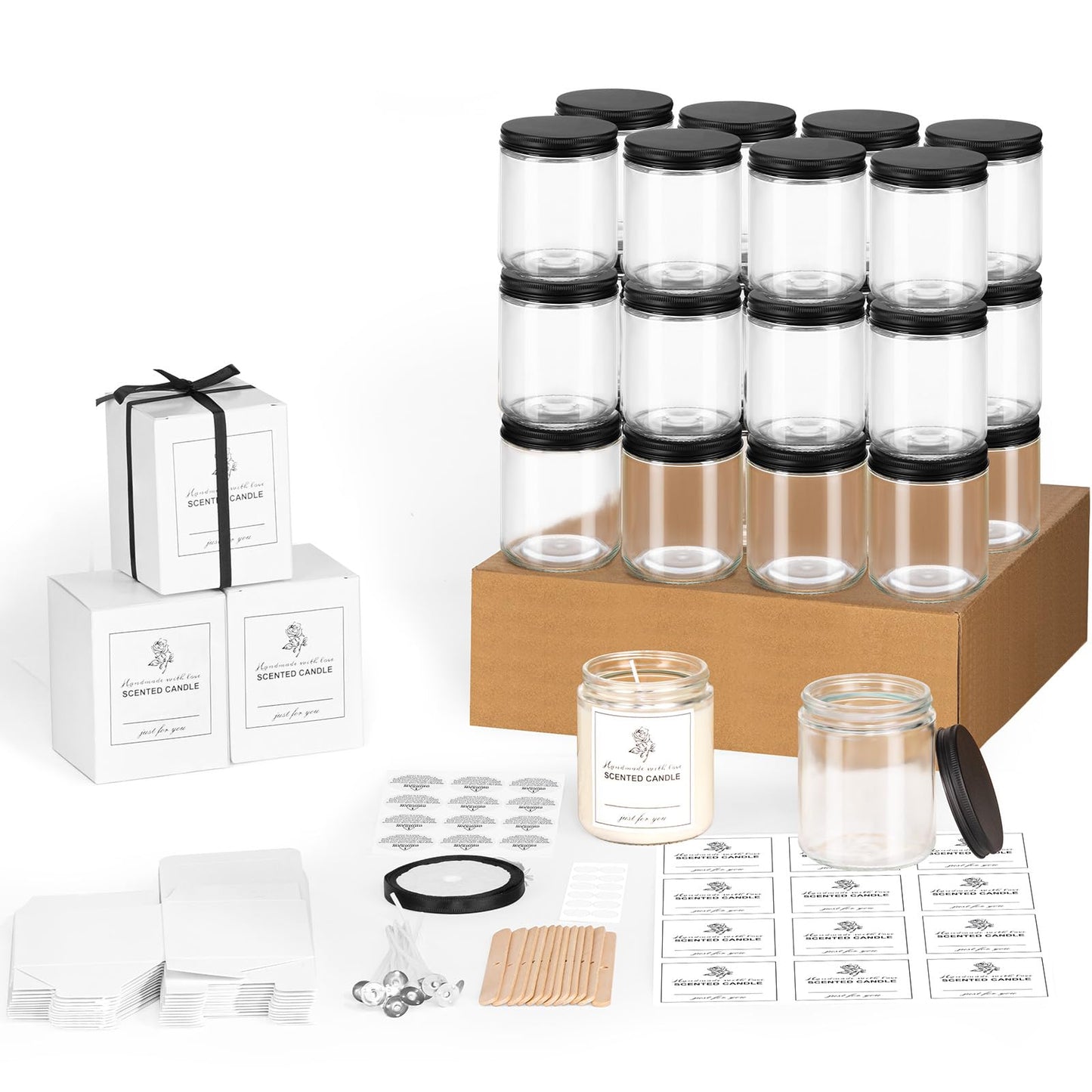 24 Pack 8OZ Thick Glass Jars with Metal Lids,Candle Jars for Candle Making with Kits & Labels & Gift Box,Empty Glass Jars for Food Storage,Canning, Spices, Liquids