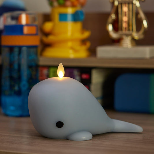 Luminara Flameless Home Decor - Whale Figural LED Candle Natural Color, Blue, 6.6" x 4.3" Real Wax Moving Flame Battery Operated w/Timer Indoor Use