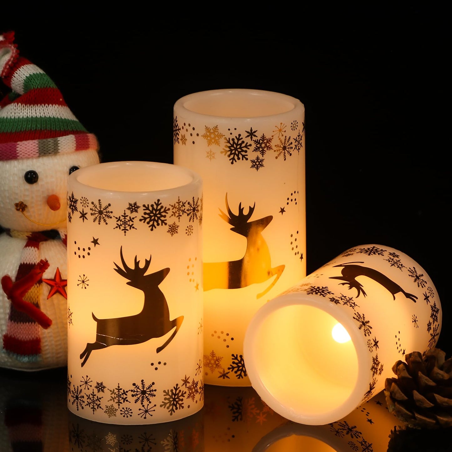 Lasumora Christmas Flameless Candles with 6H Timer, Real Wax LED Pillar Candles Flickering, Snowflake Golden Reindeer 3D Wick Candles for Home Décor Christmas Gifts, 3x4/5/6 inches