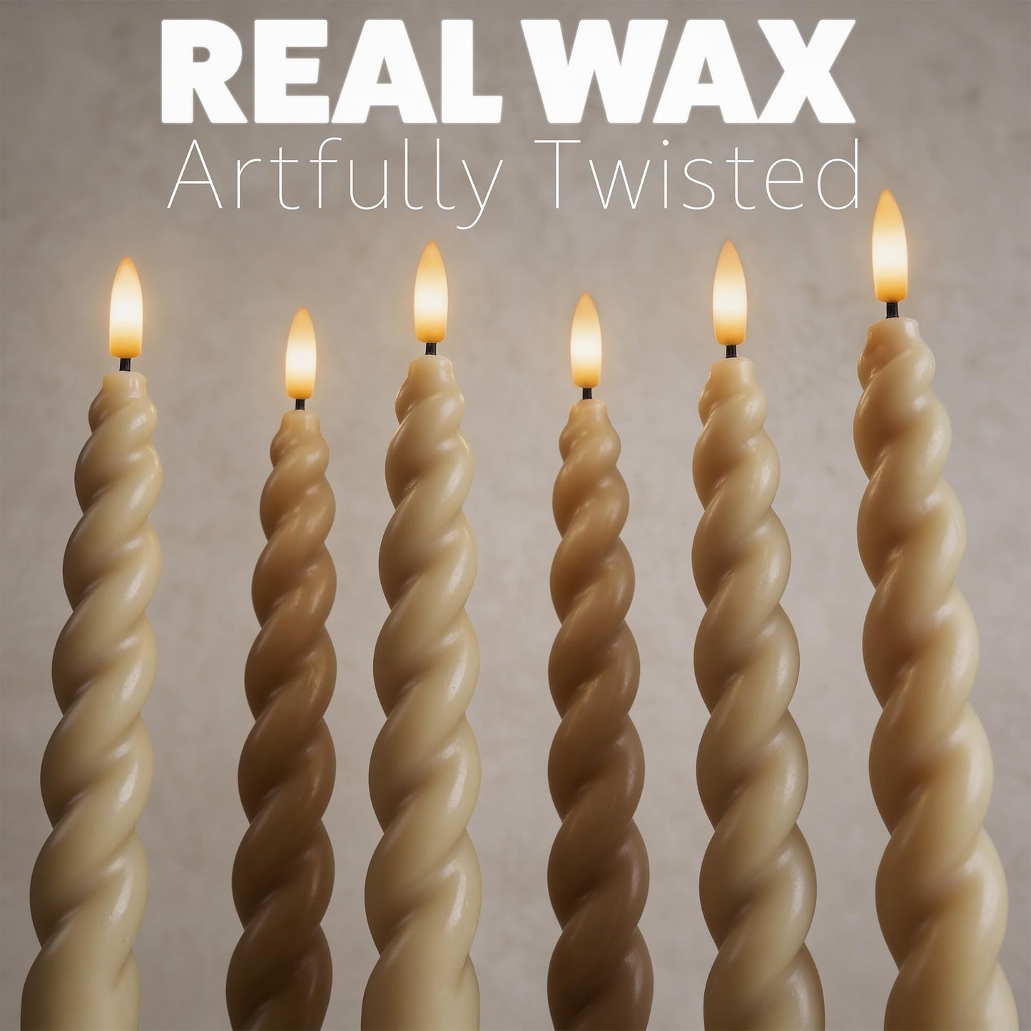 WYZworks 10" Flameless LED Taper Candles – Full Twisted Spiral – Light Tan, Set of 6 – Remote, 2/4/6/8-Hr Timer (24-hr Memory), Bottom On/Off Button, Dimmable, Battery Operated, Flicker/Steady